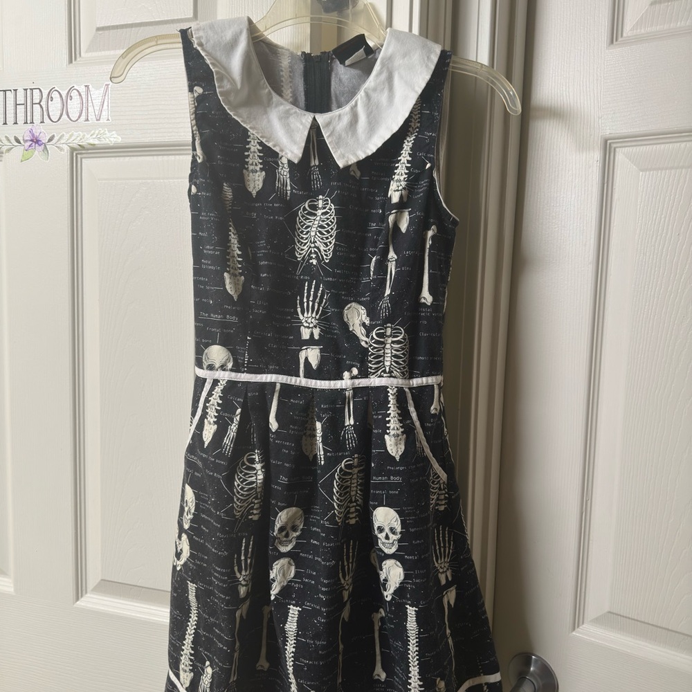 Folter Black Skeleton Print Dress with White Collar